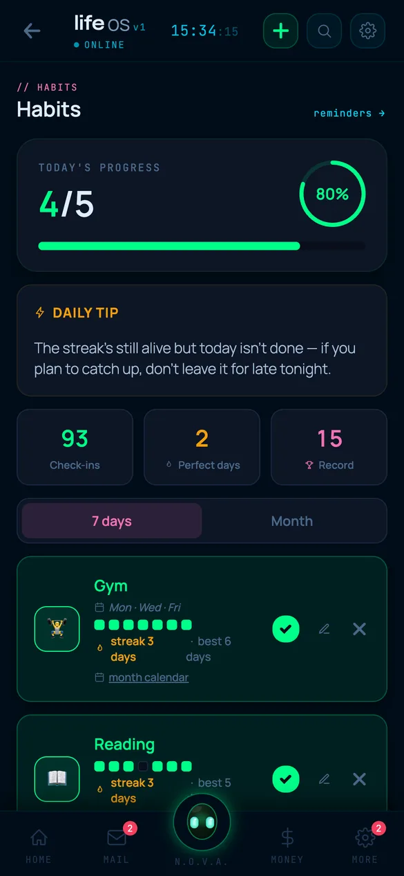 Habits screen: progress for the day, streaks and a heatmap