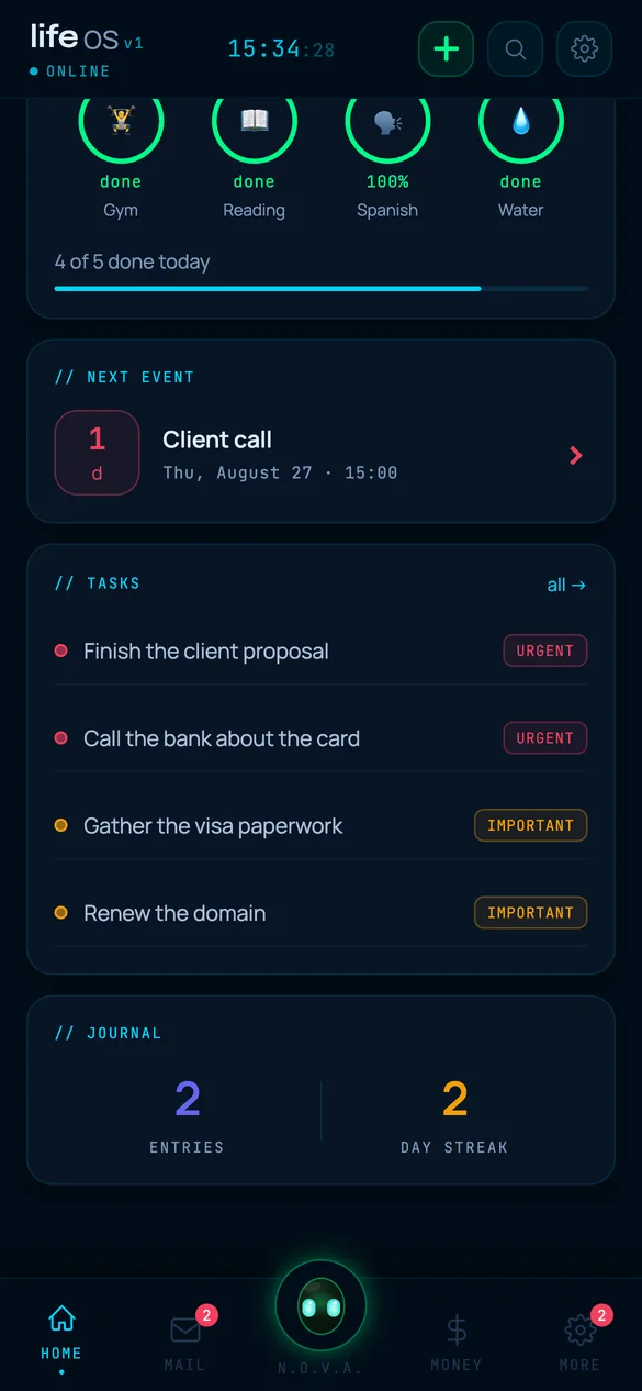 Home screen: habit rings, the next event and the task list