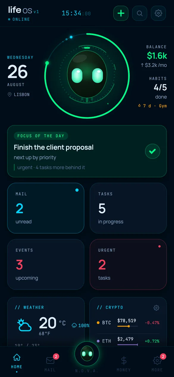 Life OS home screen: the day ring, the focus of the day, weather and crypto