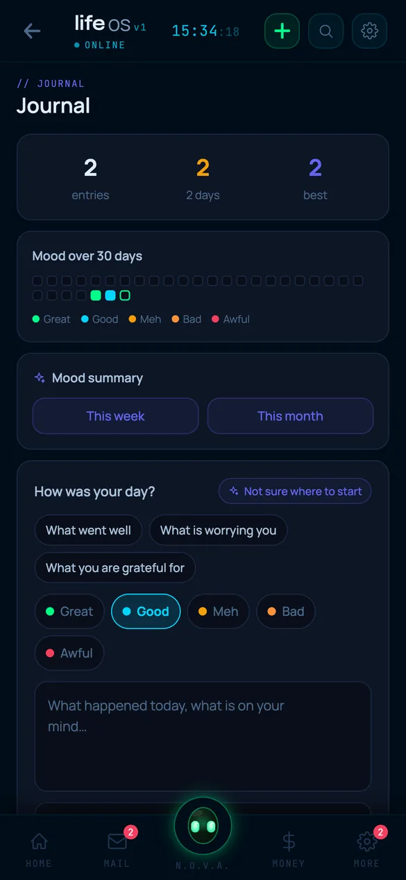 Journal: entries and mood over 30 days