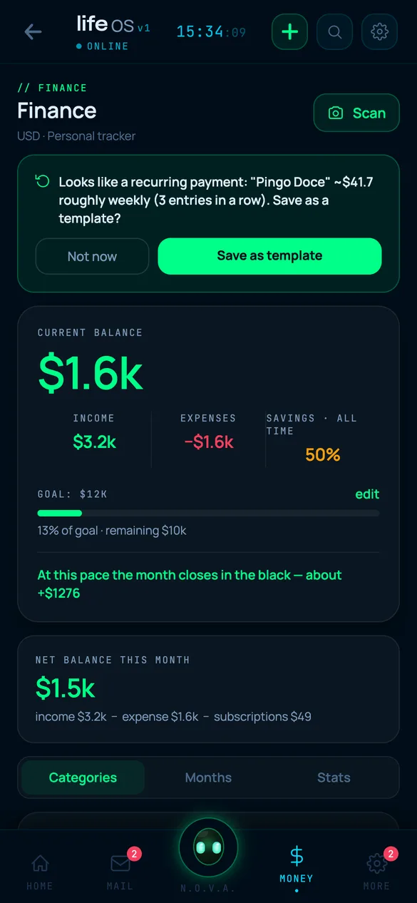 Finance screen: balance, savings goal and a recurring payment the app spotted