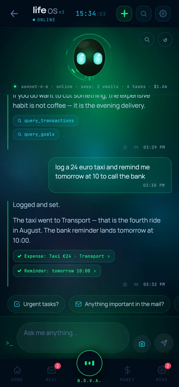 Chat with the N.O.V.A. assistant: cards for completed actions and the data sources behind them